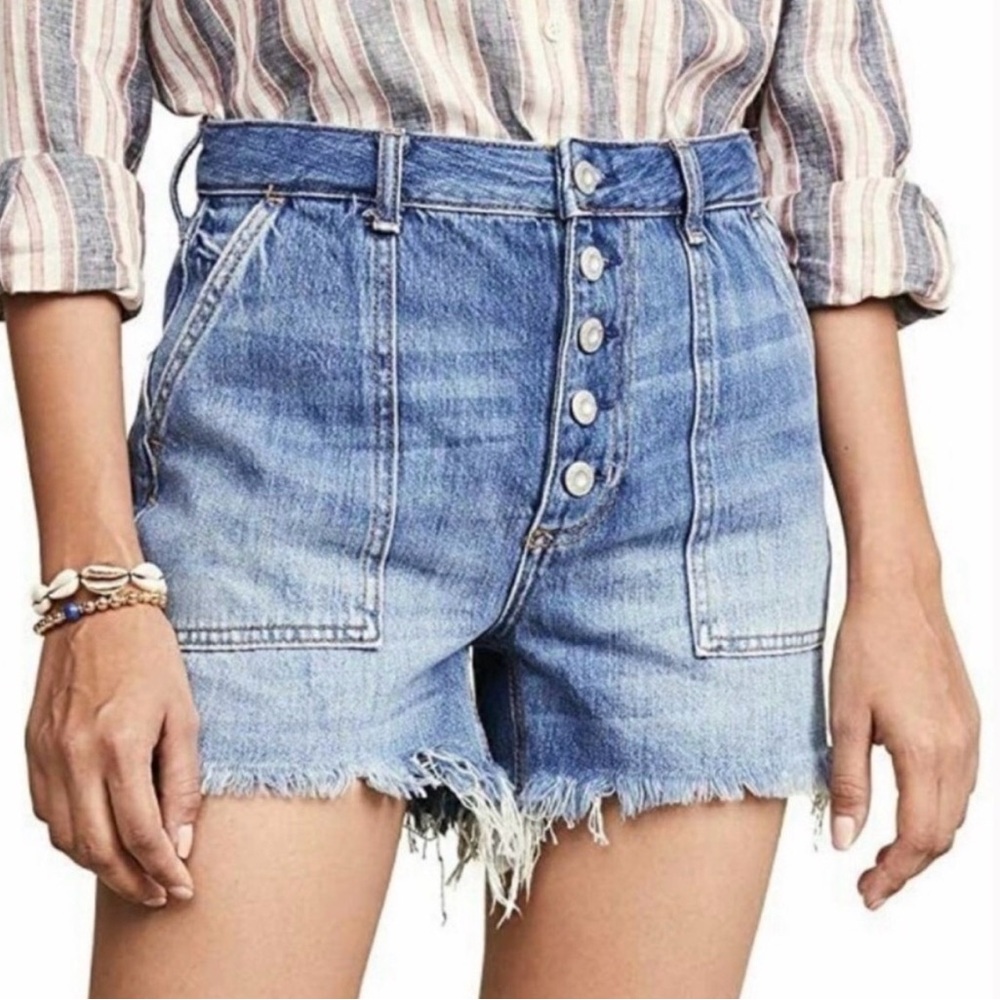 We The Free Women's Denim Button Fly Cut-Off Shorts Size 27 Buckle Blue Denim